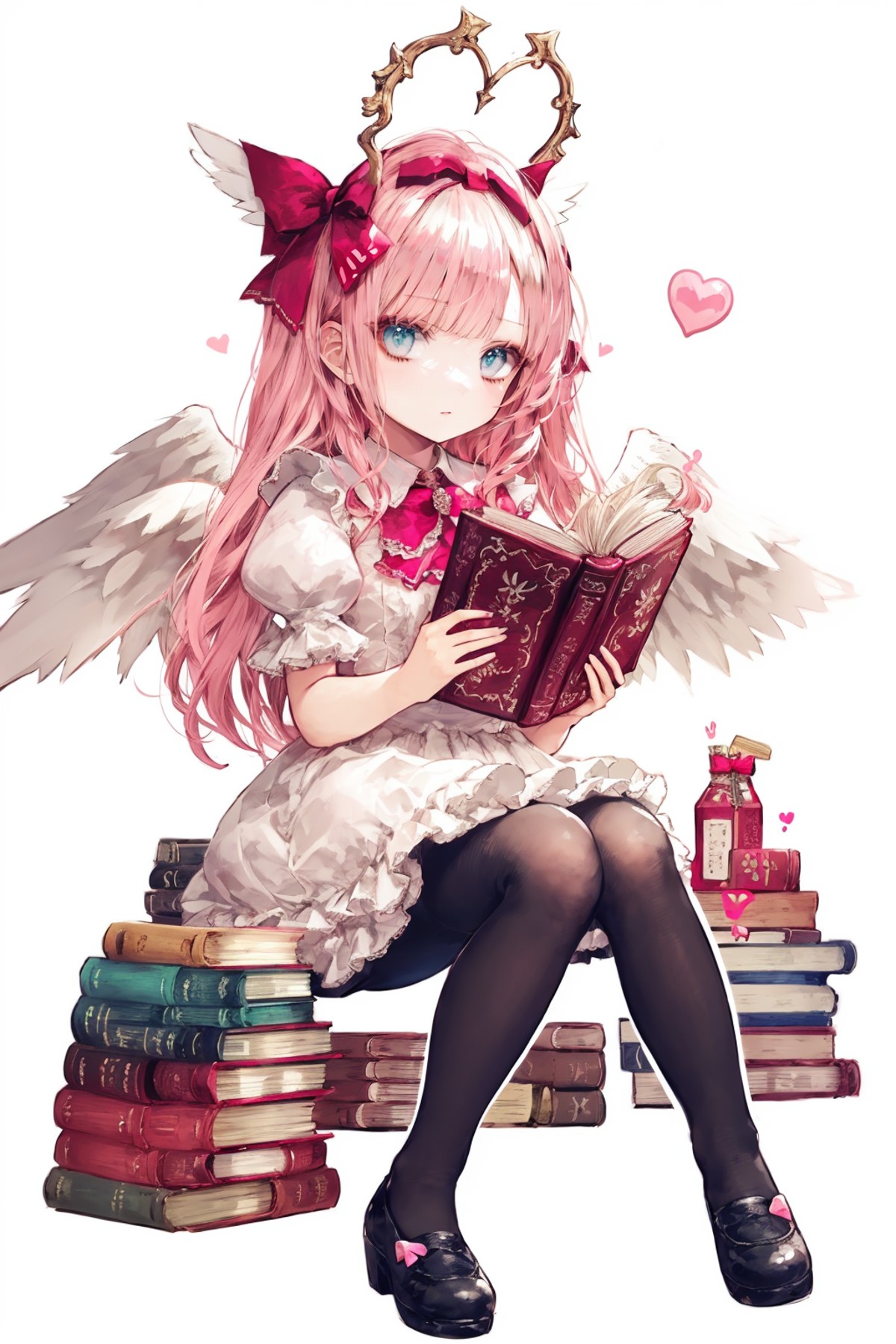 1girl, solo, book, book stack, bow, long hair, pantyhose, wings, heart, puffy sleeves, short sleeves, puffy short sleeves,...